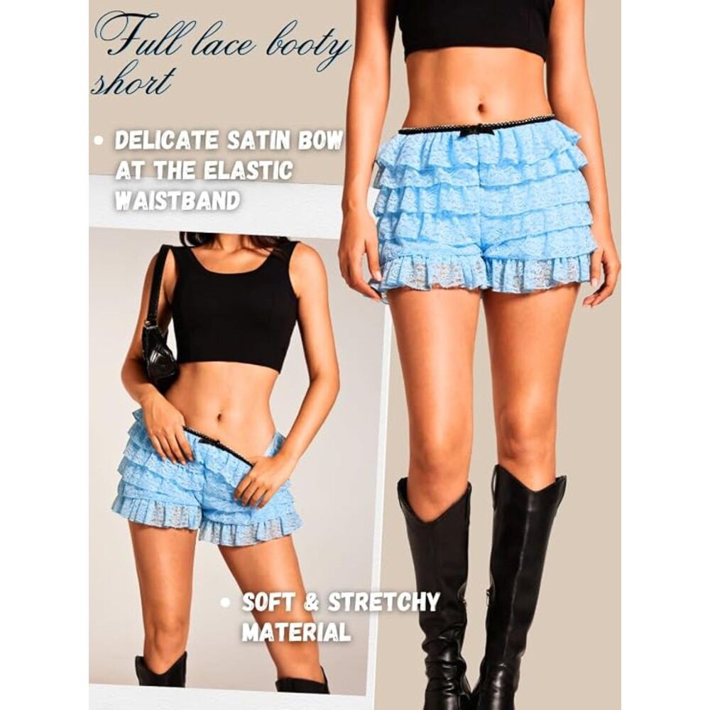 Lace Ruffle Bloomers Bow Mini Shorts Layered Coquette Ruffled Shorts Y2K